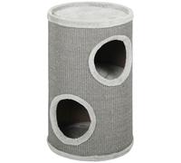 PawHut Tonneau à griffer, 60 cm de hauteur Ø 35 cm, tonneau pour chat à deux étages avec 2 niches, bord en peluche, pour 1-2 chats jusqu'à 5 kg, gris clair
