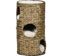 PawHut Tonneau à griffer, 73 cm de haut Tonneau pour chats avec 3 grottes, coussins, arbre à chat avec lit pour chats, tour pour chats en jacinthe d'eau, brun foncé
