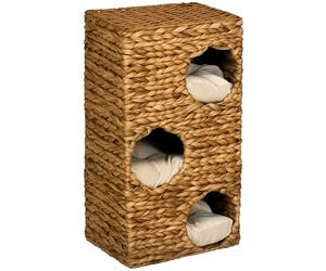 PawHut Tonneau à griffer, 76 cm de haut Tonneau pour chats avec 3 grottes, coussins lavables, arbre à chat, tour pour chats en jacinthe d'eau, marron clair