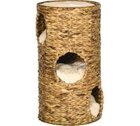 PawHut Tonneau à chat, 73 cm de haut, avec 3 niches, arbre à chat avec coussin, en jacinthe d'eau, pour chat jusqu'à 3,5 kg, marron clair