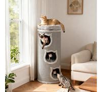 PawHut Tonneau à griffer pour chat, 96 cm, tour à 4 niveaux avec lit lavable, 3 tanières, jouet suspendu, pour plusieurs chats Gris