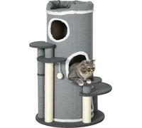 PawHut Tonneau à griffer pour chats 99 cm Tonneau de jeu Arbre à chat avec lit pour chat, balle de jeu, plates-formes, arbre à chat avec 3 portes, meuble pour chats, gris