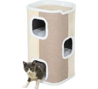 PawHut Tonneau à griffer pour chats Arbre à chat 3 niveaux Arbre à grimper pour chats Meubles pour chats Panneau aggloméré Polyester velouté Sisal Beige 40 x 40 x 74 cm