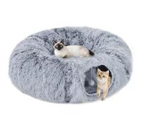 PawHut Tunnel pour Chat Intérieur 2 en 1 avec Lit de Chat en Tissu Suède Doux, Tunnel Chat Rond Pliable en Forme de Donut avec Coussin Circulaire Lavable, Jouet Balle et Trou d'Entrée, Gris Clair