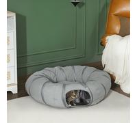 PawHut Tunnel pour chat intérieur rond tunnel avec lit et coussin, pliable, avec trous pour balles et judas, Ø 90 x 27 cm gris