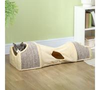 PawHut Tunnel pour chat, jeu pour chat, avec 2 niches en sisal, trous de porte, pour intérieur, 107L x 38l x 29H cm, beige