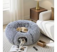 PawHut Tunnel pour Chat, Peluche, Coussin, pliable, Cadre Métallique, Tanière pour Chat, Gris clair