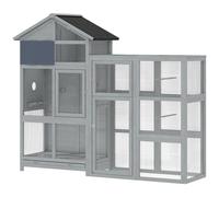 PawHut Volière Cage en bois avec 6 perchoirs compartiment tiroir extractible gamelles en acier inoxydable 196x60x164,5cm Gris