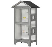 PawHut Volière en Bois d'épicéa pour l'extérieur, 3 Ouvertures avec Verrouillage, 4 perchoirs et Plateau Amovible, Gris Clair, 80.5x57x153cm