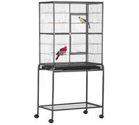 PawHut Cage à Oiseaux Portable avec 4 Mangeoires et 4 Perchoirs Pratique 77 x 47 x 163 cm Noir et Gris