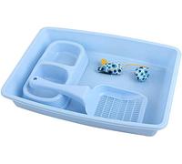 PAWISE Ensemble de 4 accessoires pour chats, comprenant un bac à litière, une pelle à litière, un gamelle et un jouet, 36,8 x 26,7 cm, bleu
