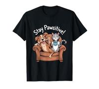 Paws and Relax Dessin animé Chat Chien Café Canapé Scène Drôle Pun T-Shirt