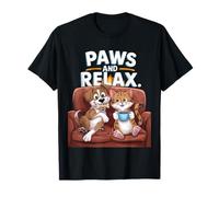 Paws And Relax Dessin animé Chat Chien Café Canapé Scène Drôle Pun T-Shirt