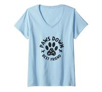 Paws Down Best Friend Dog Lover Paw T-Shirt avec Col en V, Femme, Bleu Céleste, XXL
