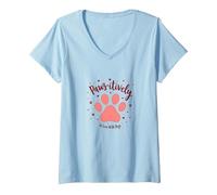 Paws-itively Amoureux des Chiens, cœur à Empreinte de Patte T-Shirt avec Col en V, Femme, Bleu Céleste, L