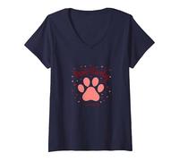 Paws-itively Amoureux des Chiens, cœur à Empreinte de Patte T-Shirt avec Col en V, Femme, Bleu Marine, L