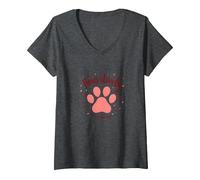 Paws-itively Amoureux des Chiens, cœur à Empreinte de Patte T-Shirt avec Col en V, Femme, Chiné Foncé, L