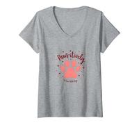 Paws-itively Amoureux des Chiens, cœur à Empreinte de Patte T-Shirt avec Col en V, Femme, Gris Chiné, L