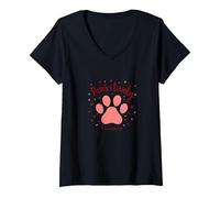 Paws-itively Amoureux des Chiens, cœur à Empreinte de Patte T-Shirt avec Col en V, Femme, Noir, L