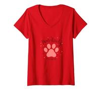 Paws-itively Amoureux des Chiens, cœur à Empreinte de Patte T-Shirt avec Col en V, Femme, Rouge, L
