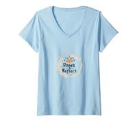 Paws & Reflect: Citation inspirante pour Les Amoureux des Chats T-Shirt avec Col en V, Femme, Bleu Céleste, XL