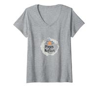 Paws & Reflect: Citation inspirante pour Les Amoureux des Chats T-Shirt avec Col en V, Femme, Gris Chiné, L