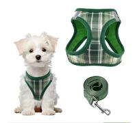 PawSailor Step in Ensemble harnais et laisse réglables anti-traction en maille douce rembourrée motif écossais réfléchissant avec boucle de sécurité, gilet pour chien de petite et moyenne taille, vert