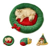 Pawsmas Christmas Tree Triangle Cat Cave Bed, Removable and Washable Winter Closed-Off Cat Bed, Suitable for Small Cats Dogs Pet to Sleep/Nap/Hide/Play (Round,Medium)