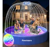 Pawtners Piscine pliable de 221 cm pour chien avec arroseur et lumière LED RVB, piscine pliable en plastique dur pour petits chiens et chats, piscine portable pour jardin, camping, plage, bleu