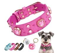 Pawview Collier personnalisé avec plaque d'identification QR ID - Collier en cuir à strass - Robuste et souple - Réglable - Pour chiens de petite, moyenne et grande taille - S, rose, 24 à 32 cm