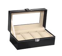 PawwJoy Boîte de Montre 4 Emplacements avec Couvercle en Verre, Écrin de Rangement en Simili Cuir PU avec Intérieur Velours et Serrure à Clé pour Homme et Femme