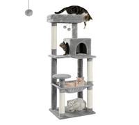 PAWZ Road Arbre à Chat Hauteur 143 cm, Tour de Jeux pour Chat Moderne avec 4 Griffoirs Sisal, 1 Condo Confortable, 1 Perchoir Doux, 2 Pompons & 1 Grand Hamac, Gris
