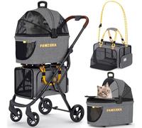 PAWZIDEA Poussette double pour animaux de compagnie avec 2 transporteurs amovibles, sac de transport pour chat approuvé par les compagnies aériennes, extensible, sans fermeture éclair, siège de