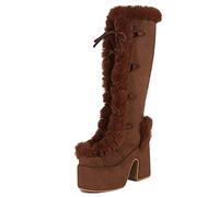 PAYDVOIER Femmes Block Talons Chunky Bottes Punk Goth Chaud Fourrure L'hiver Snow Plateforme Bottes Mid Top Moto Bottes Classique Tall Ii Bottes Brown Size 45