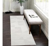 payé Tapis de couloir, 80 x 300 cm, crème, revêtement de sol, structure profonde, à poils plats, motif géométrique, design bohème