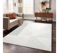 payé Tapis de salon, 160 x 230 cm, crème, structure profonde, à poils plats, motif géométrique bohème