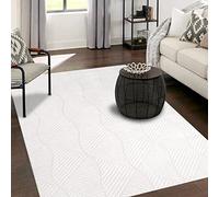 payé Tapis de salon, uni, 120 x 160 cm, blanc, uni, géométrique, motif vagues, moderne, à poils courts, doux, décoratif, chambre à coucher