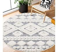 payé Tapis rond à poils longs - Boho - Gris crème pastel - 200 x 200 cm - Uni - Motif moderne en losanges chiné - Scandinave moelleux et doux - Tapis de salon, chambre à coucher