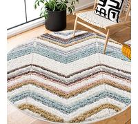 payé Tapis Rond - Poils Longs - 120x120 cm - Boho - Géométrique Zigzag - Motif - Couleurs Pastels Multi - Scandinave Doux - Tapis de Salon Chambre Décoration