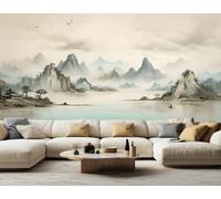 Paysage À L'Encre Arbres Architecture Oiseaux Papier Peint 3D Installation Facile Intissé Tapisserie Bureau Salon Canapé Chambre Décoration Murale-150cm×105cm