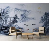 Paysage À L'Encre Bleue Cascade Oiseaux En Vol Petit Bateau Papier Peint 3D Installation Facile Intissé Tapisserie Bureau Salon Canapé Chambre Décoration Murale-200cm×140cm
