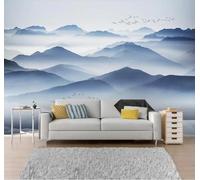 Paysage À L'Encre Bleue Oiseaux Paysages Papier Peint 3D Installation Facile Intissé Tapisserie Bureau Salon Canapé Chambre Décoration Murale-150cm×105cm