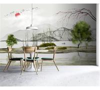 Paysage À L'Encre Fraîche Fleur De Pêcher Oiseau Au Lever Du Soleil Papier Peint 3D Installation Facile Intissé Tapisserie Bureau Salon Canapé Chambre Décoration Murale-200cm×140cm