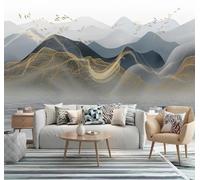 Paysage Abstrait À L'Encre De Chine Oiseaux En Vol Lignes Dorées Papier Peint 3D Installation Facile Intissé Tapisserie Bureau Salon Canapé Chambre Décoration Murale-400cm×280cm