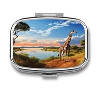 Paysage africain avec rivière du Nil et girafe - Pilulier 2 compartiments en métal - Petit pilulier de voyage portable - Mini support de médicaments quotidien pour vitamines, huile de poisson