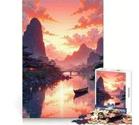 Paysage Asiatique Serein au Coucher du Soleil, Puzzle de 1000 pièces pour Adultes, améliore la mémoire, soulage l'anxiété, décoration Murale aux Bords Nets (38x52cm)