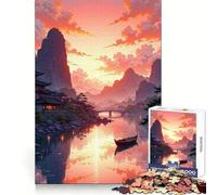 Paysage Asiatique Serein au Coucher du Soleil, Puzzle de 1000 pièces pour Adultes, Jouet Intelligent et Amusant, Bords Lisses, pour Les fêtes (50x75cm)