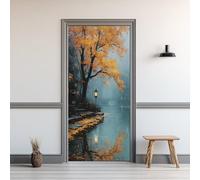 Paysage Automne Effet 3D Sticker Porte, Feuilles D'érable Automne Papier Autocollant Porte Mural Décoration, Réverbère Bâtiment Stickers Muraux Amovible PVC 77x200 cm