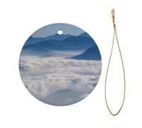Paysage avec montagnes et nuages - Imprimé double face - Diamètre 7,3 cm - Décoration de fête d'Halloween et de Noël - Pendentif circulaire en céramique