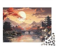 Paysage Chinois Ancien Couleurs Vives, Puzzle 1000 pièces pour Adultes, pagode, Coucher de Soleil, lac, Premium épais Robuste Haute qualité, Stimulant Difficile, Anti-Stress, 52x38cm/1000pcs